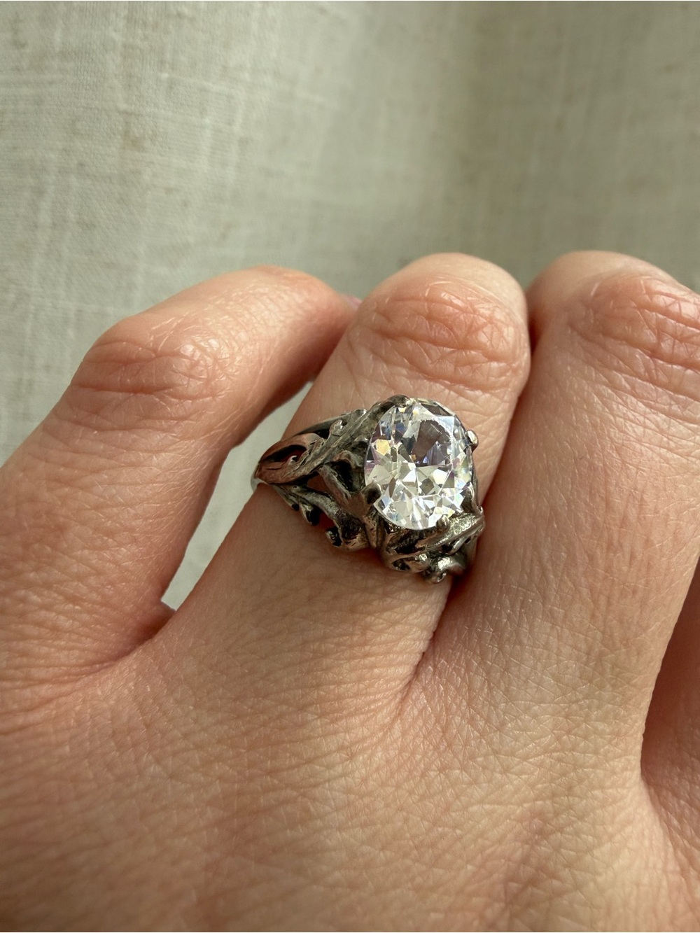 Antique art nouveau oval white stone diamond ring set in sterling silver